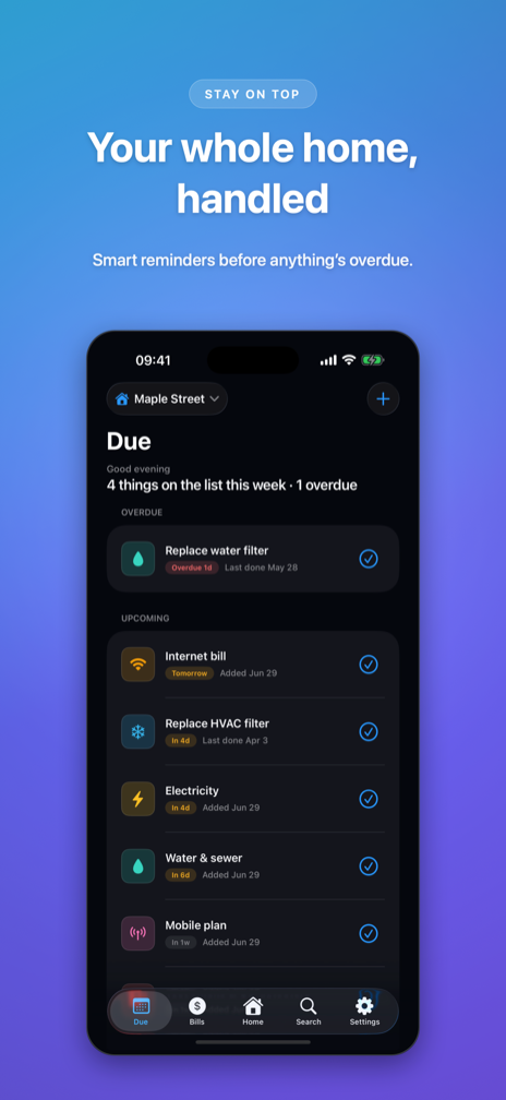 The week view showing tasks due, with color-coded reminders