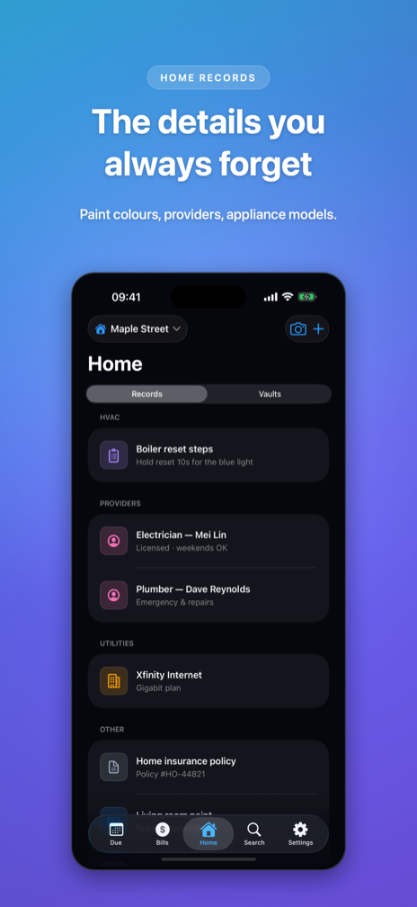 The home records screen listing HVAC notes, service providers, utilities and insurance details