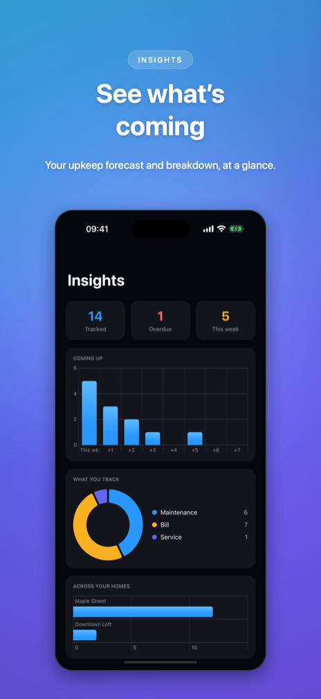 The insights dashboard with an upkeep forecast chart, a category breakdown and totals across homes