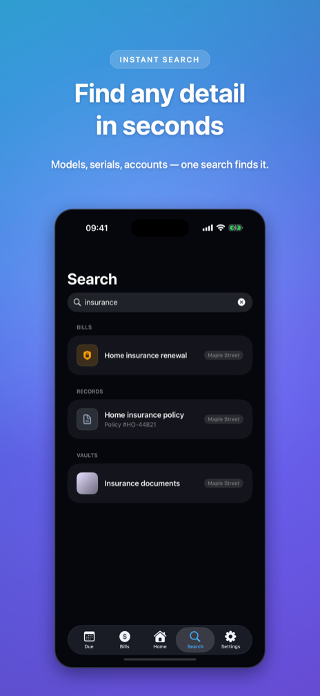 Instant search results for a query, grouped across bills, records and photo vaults