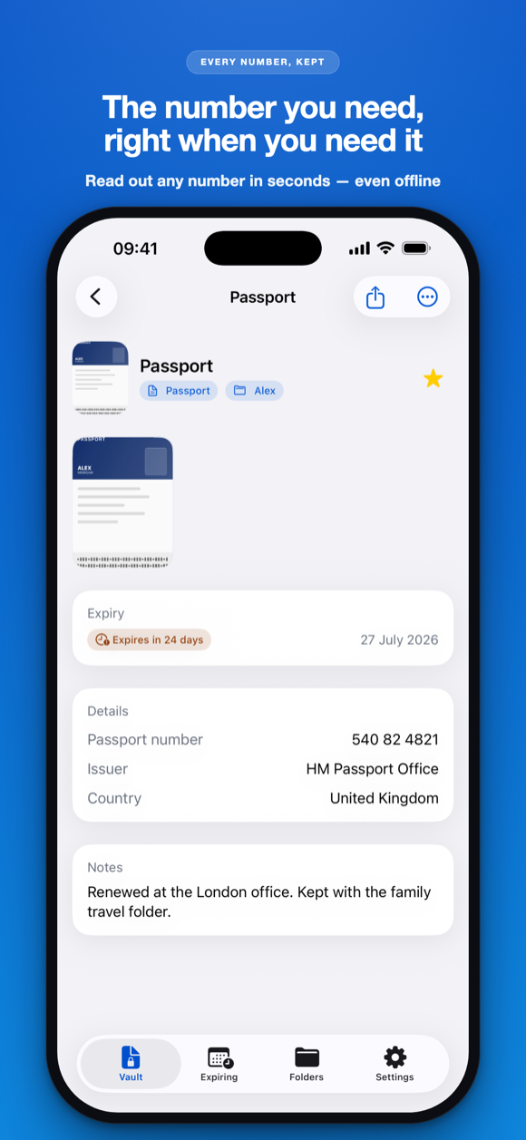 The number you need, right when you need it — a passport's detail screen with its number, issuer and expiry