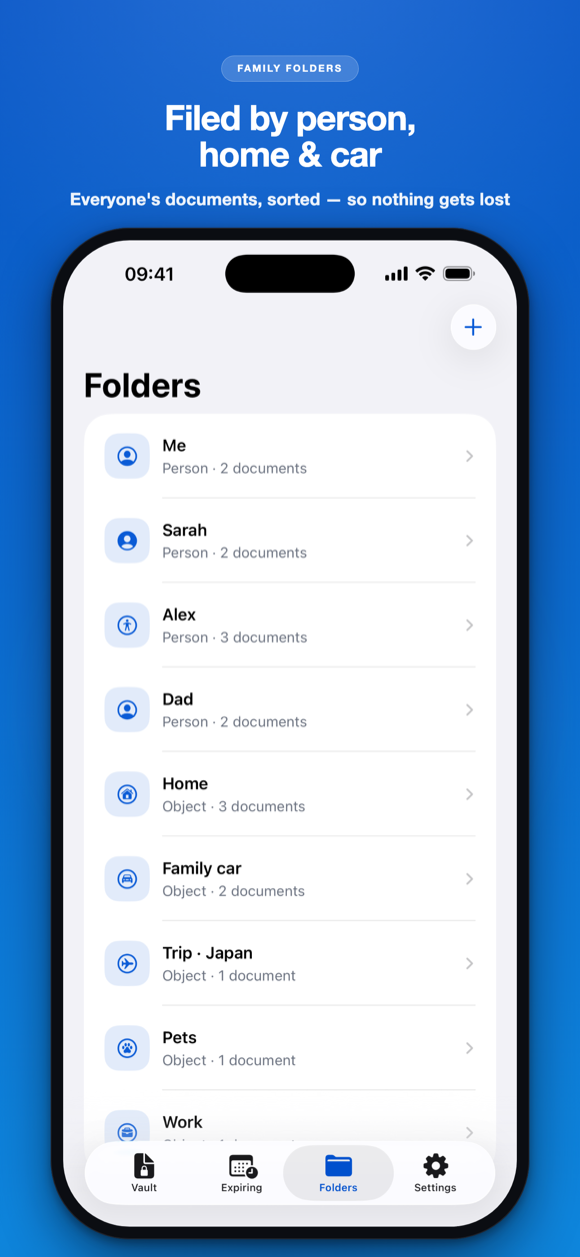 Filed by person, home and car — the Folders screen sorting everyone's documents