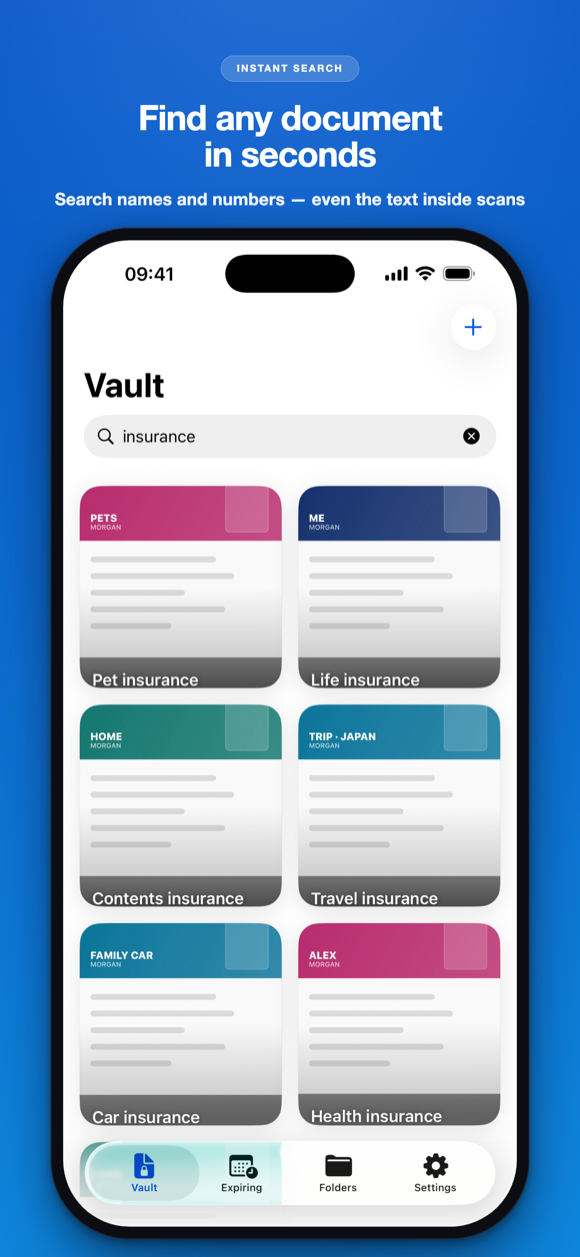 Find any document in seconds — search results across names, numbers and the text inside scans