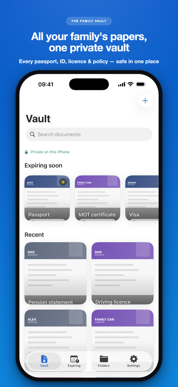All your family's papers, one private vault — the DocHarbor vault home listing every passport, ID, licence and policy