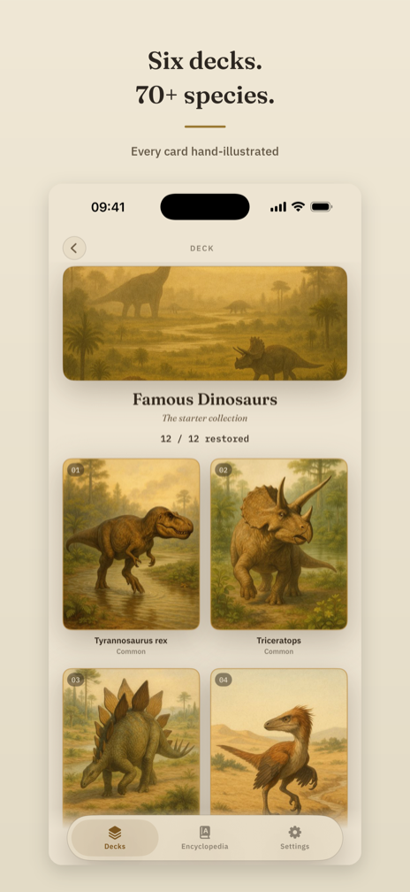 Six decks, seventy-plus species — the Famous Dinosaurs deck grid of hand-illustrated cards