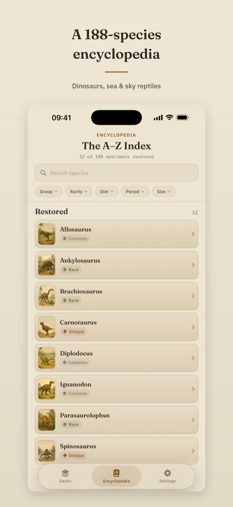 A 188-species encyclopedia — the A to Z index of dinosaurs, sea reptiles and flying reptiles, with search and filters