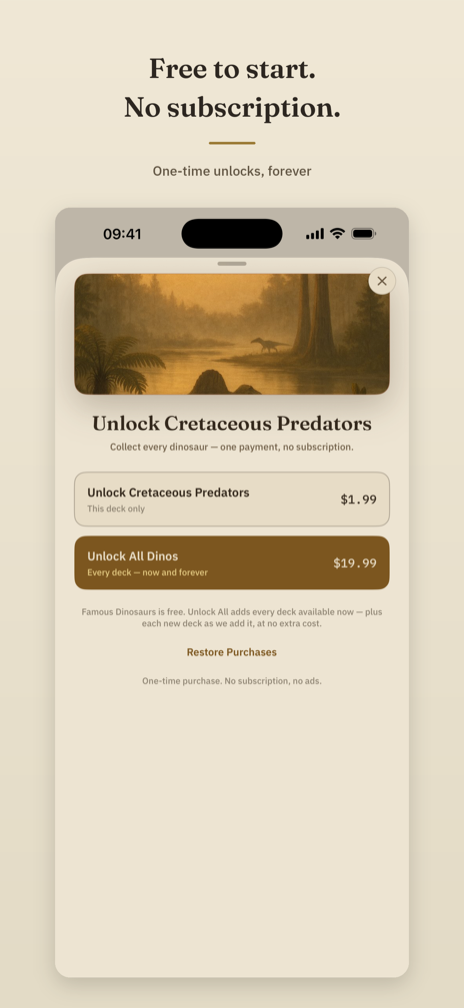 Free to start, no subscription — the store offering a single deck for a one-time price, or Unlock All Dinos forever