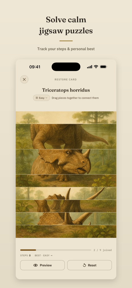 Solve calm jigsaw puzzles — the restore screen, dragging illustrated pieces together to rebuild a Triceratops
